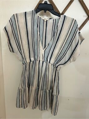 Elan Cream and Navy Striped Casual Mini Dress